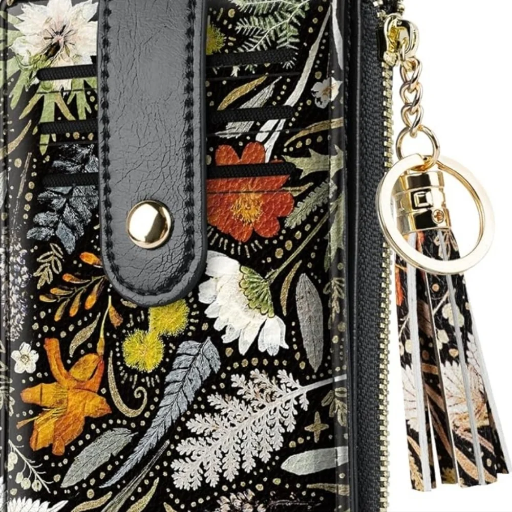 Floral Black Wallet with Tassel Keychain